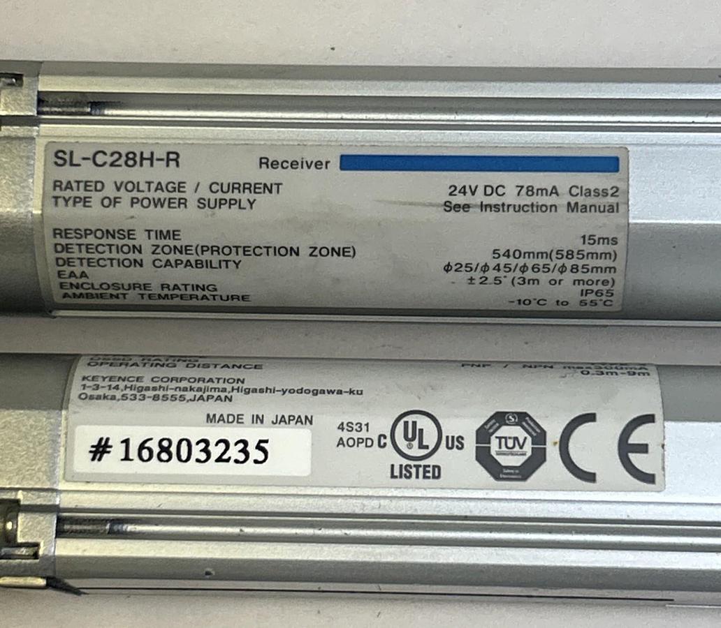 Used KEYENCE,SL-C28H-T / SL-C28H-R,LIGHT CURTAIN TRANSMITTER & RECIEVER SET