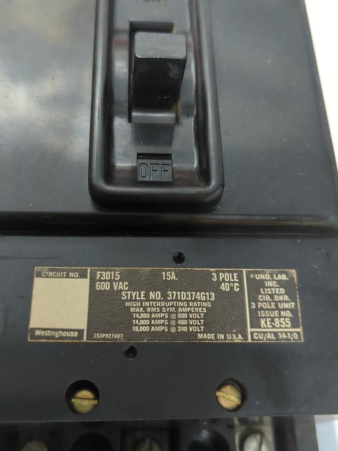 Used WESTINGHOUSE,F3015,CIRCUIT BREAKER 15 AMP 3-POLE PRE-OWNED