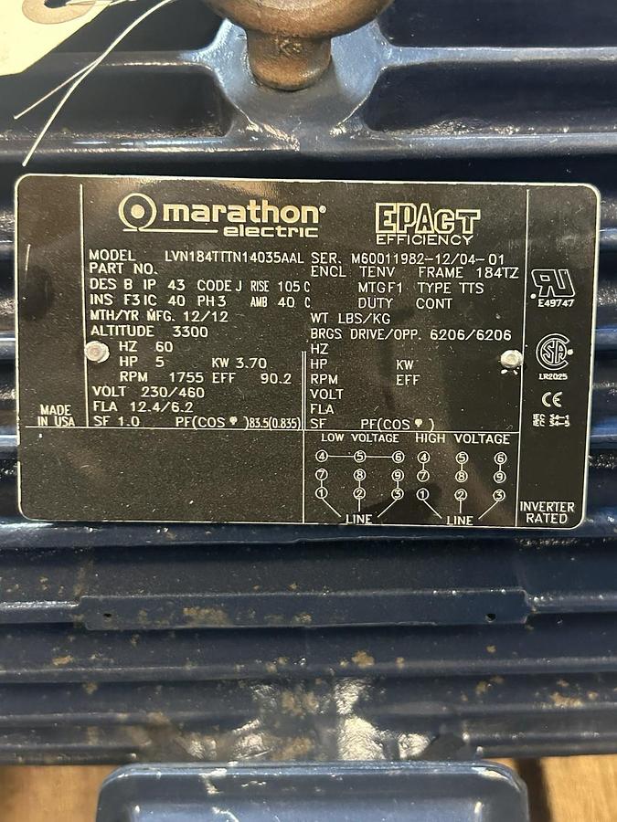 Used MARATHON,LVN184TTTN14035AAL,MOTOR 5HP 230/460V 1755RPM 3PH 184TZ FRAME