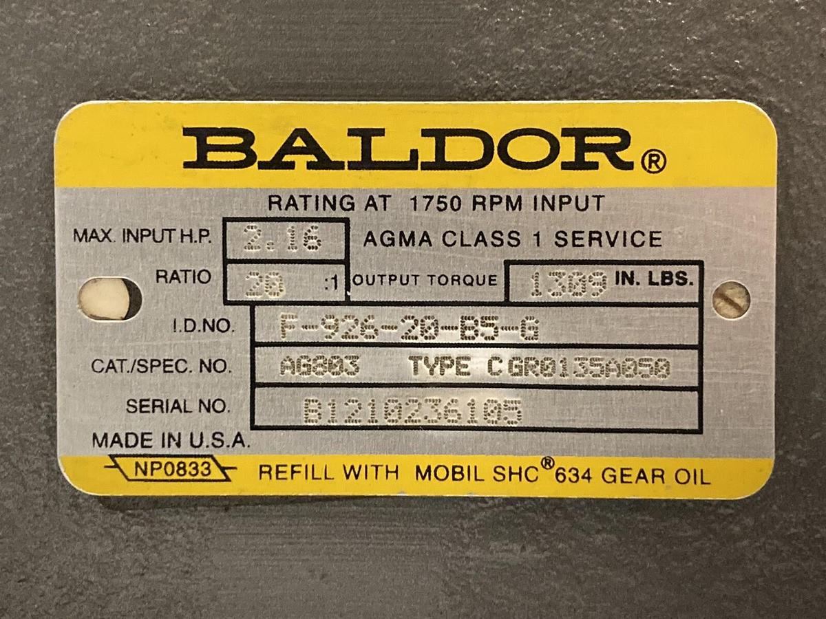 Used Baldor,F-926-20-B5-G,2.6 HP Right Angle Speed Reducer Ratio 20:1