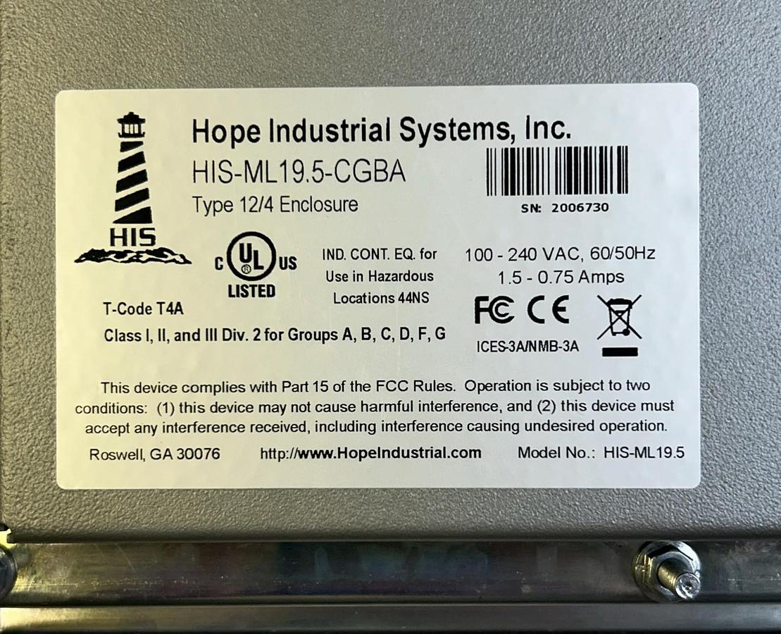 Used HOPE INDUSTRIAL SYSTEMS,HIS-ML19.5-CGBA,OPERATOR INTERFACE PANEL 19.5 INCHES
