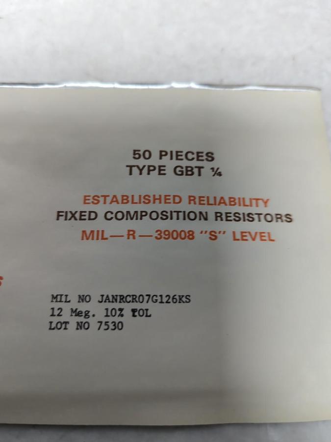 TRW,GBT 1/4,FIXED COMPOSTION RESISTOR 12 MEG 10% TOL PACK OF 50 PCS NOS