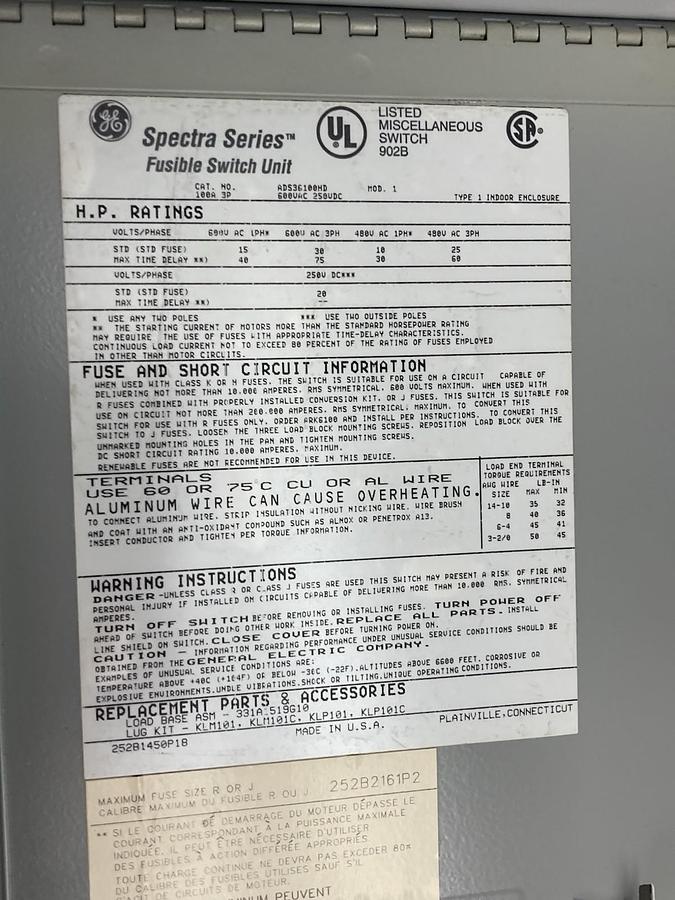 GE,ADS36100HD,3-Pole Fusible Panelboard Switch 100A 3P 600V Spectra Series