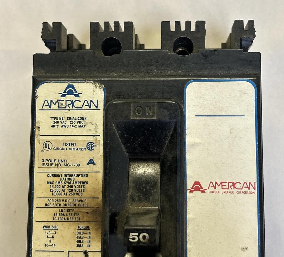 Used AMERICAN,NE331050,CIRCUIT BREAKER 50A 240V 3P