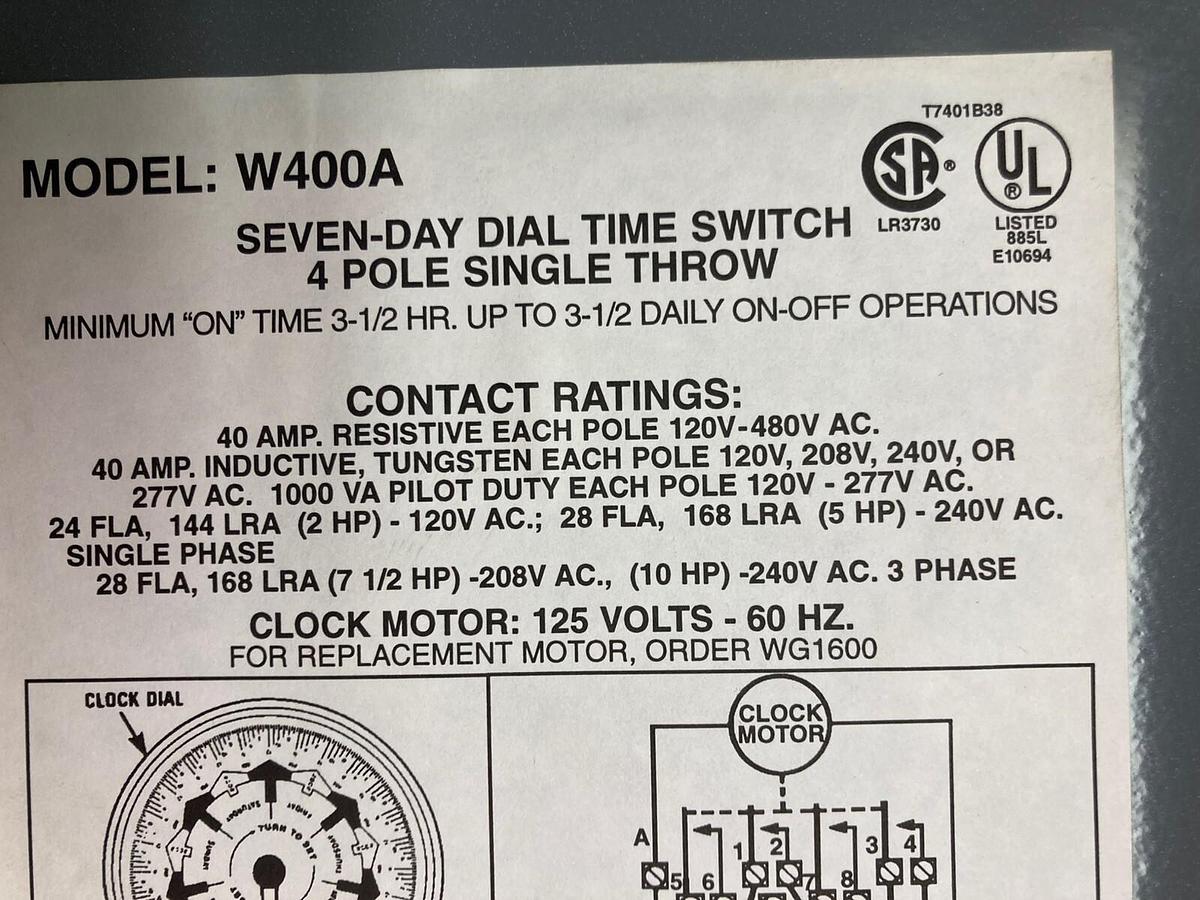 Used Tork,W400A,Seven-Day Dial Time Switch 125V 40A