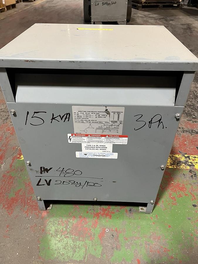 Used SQUARE D,15T3H,TRANSFORMER 15KVA TRANSFORMER H.V. 480 L.V. 208Y/120V