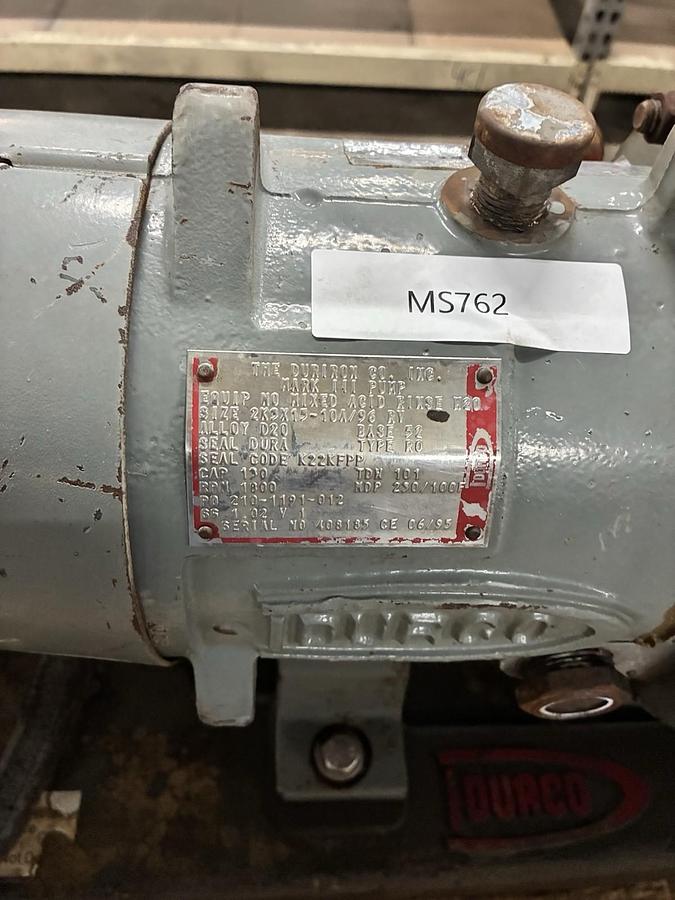 Used DURCO,2X3X15-10A/96-RV,MARK III MK3 CENTRIFUGAL PUMP XT MOTOR 10HP 1755RPM 3PH