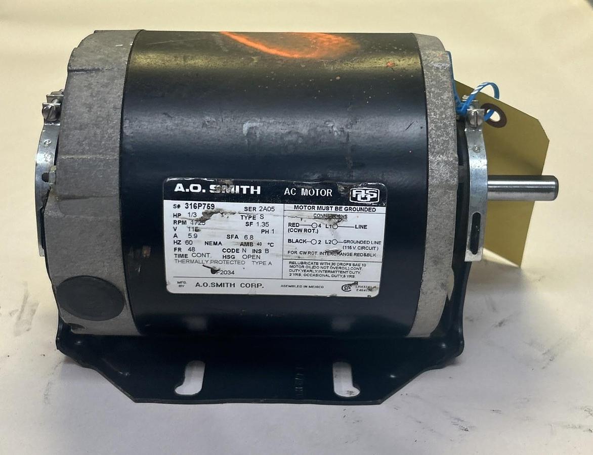Used AO SMITH,316P759,AC MOTOR 1/3HP 115V 1725RPM 1PH 48 FRAME