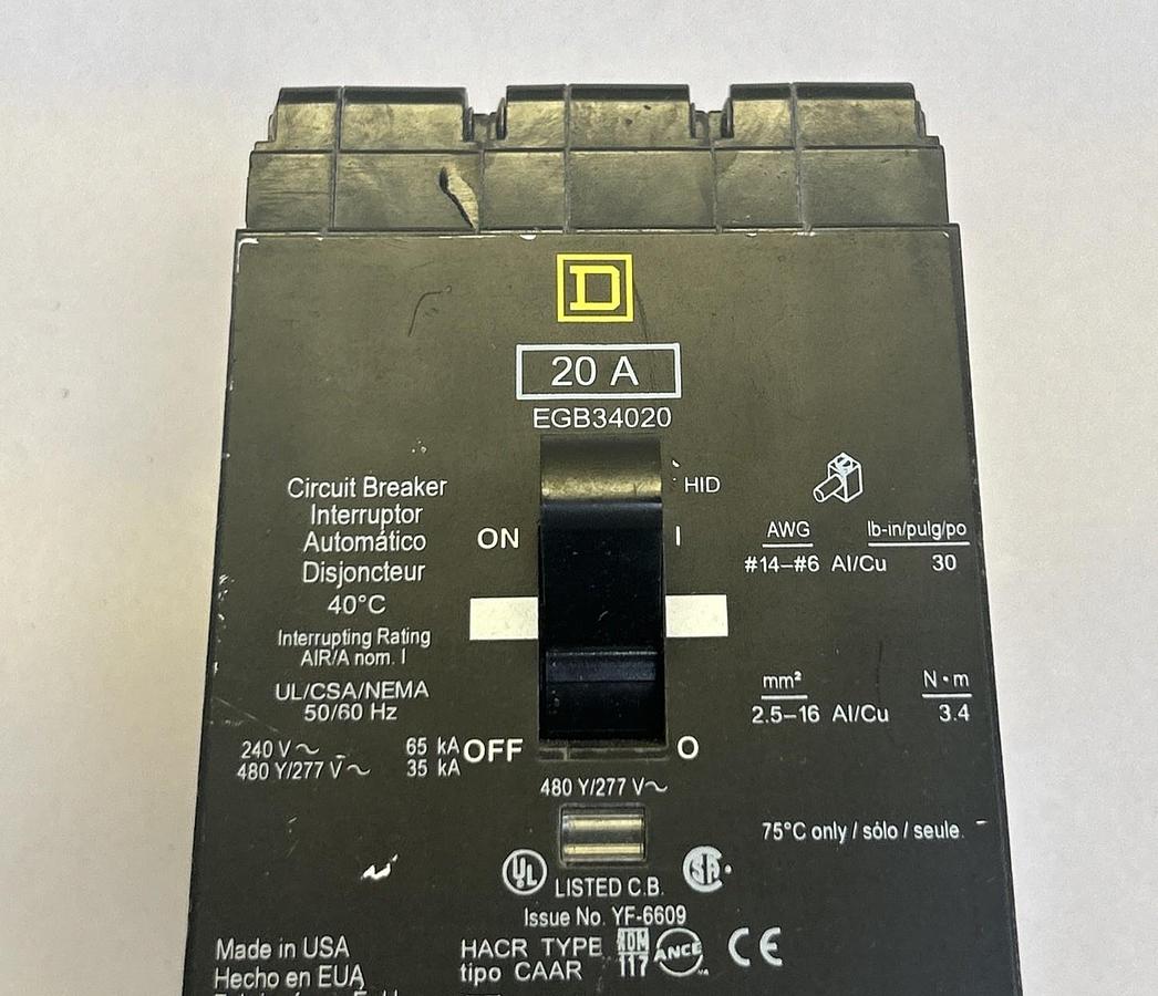 Used SQUARE D,EGB34020,CIRCUIT BREAKER 20A 277V 3P