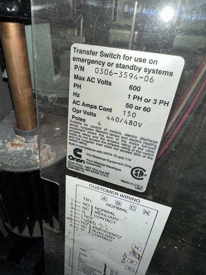 Used Onan,OT 400,Transfer Switch 480V 400Amp 60Hz 4 Pole 1 or 3 Phase