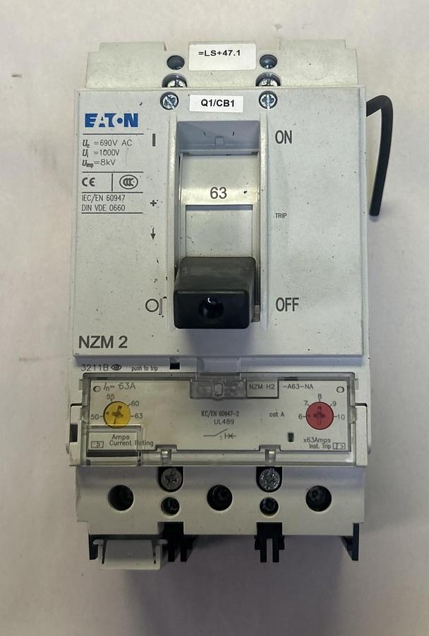 Used EATON,NZMH2-A63-NA,CIRCUIT BREAKER 63A 690V 3P