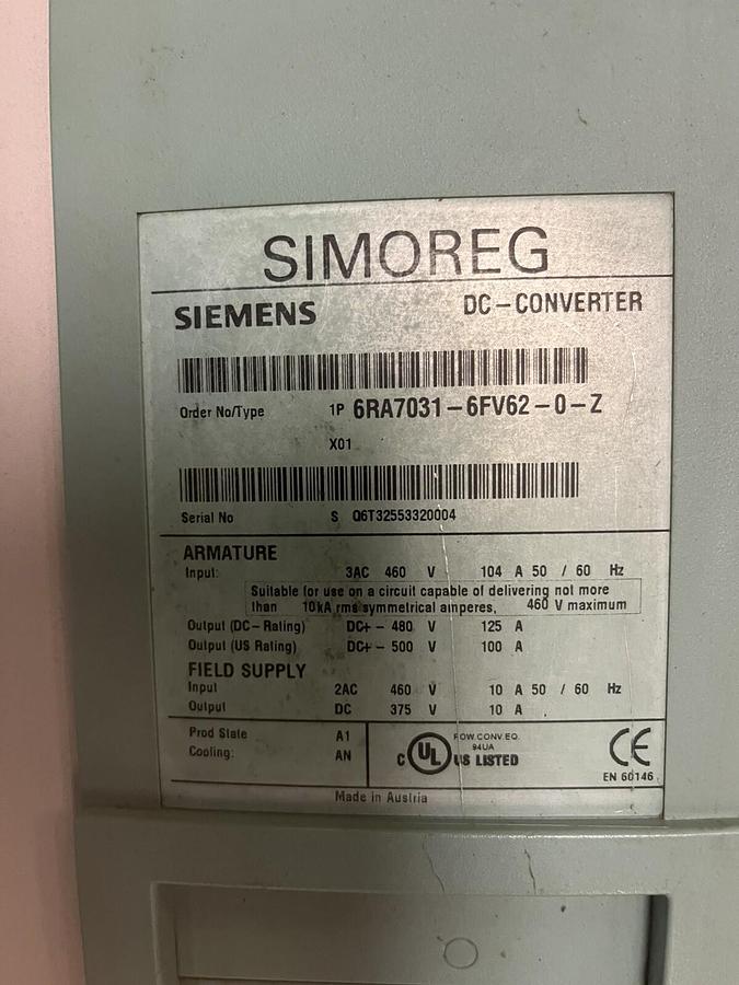 Used SIEMENS,6RA7030-6FV62-0,SIMOREG 6RA70 DC MASTER CONVERTOR 500VDC 100A