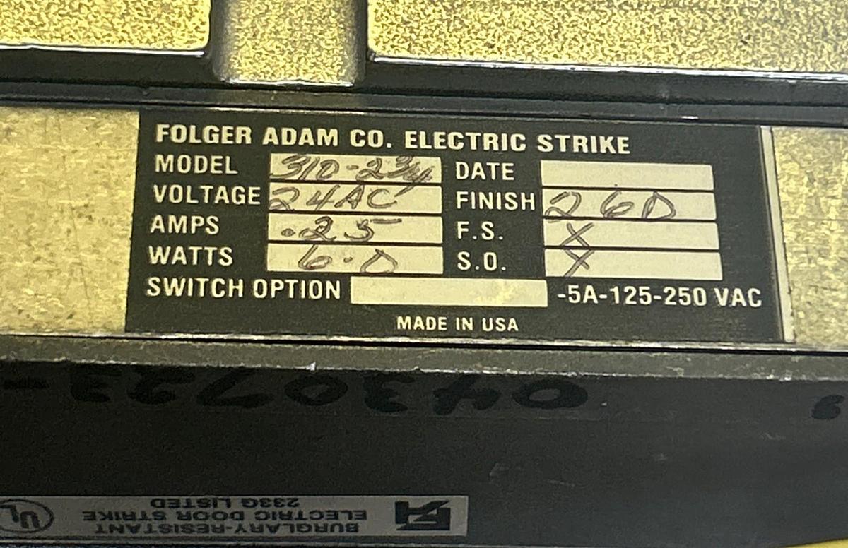 FOLGER ADAM,310-2-3/4,ELECTRIC STRIKE 24Vac NOS