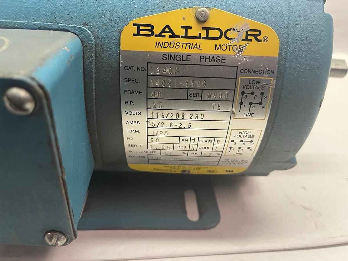 Used BALDOR,L3403,MOTOR 1PH 1/4HP 115/206-230V FR 48 1725RPM