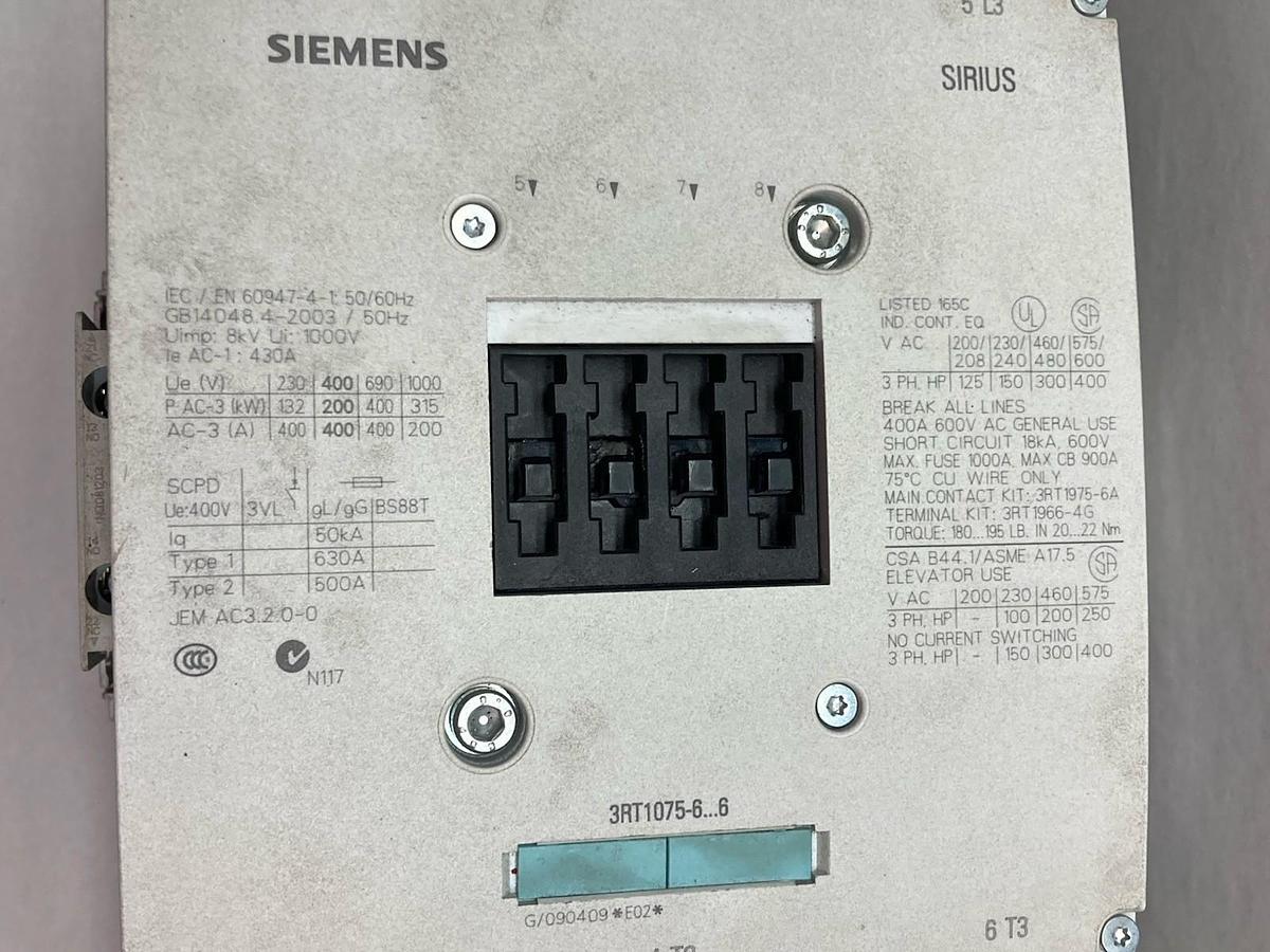 Used Siemens,3RT1075-6…6,Contactor w/Overload Set. 430A 1000V