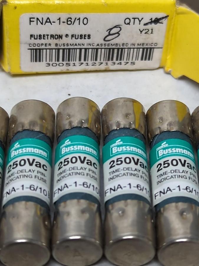 COOPER BUSSMANN,FNA 1-6/10,FUSETRON 1-6/10 AMP FUSES BOX OF 8 NOS