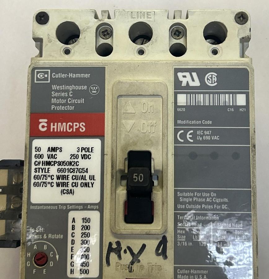 Used CUTLER-HAMMER,HMCPS050K2C,CIRCUIT BREAKER 50A 600V 3P