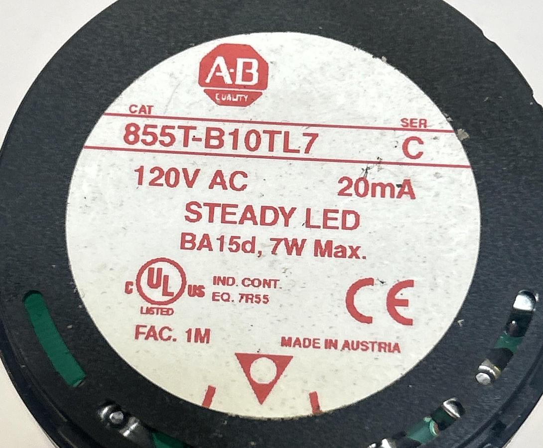 Used ALLEN BRADLEY,855T-B10TL7,SER C CLEAR WHITE STEADY LED STACK LIGHT NO BULB