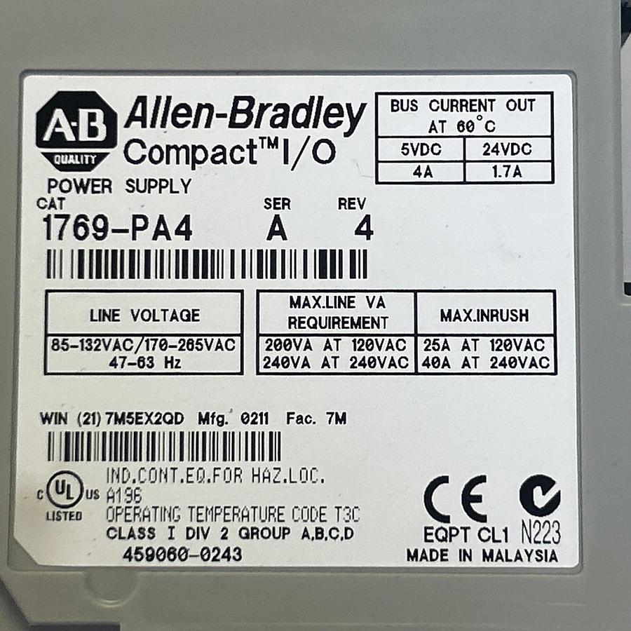 Used ALLEN BRADLEY,1769-PA4,POWER SUPPLY