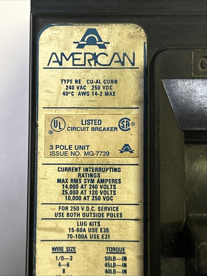 Used AMERICAN,NE350,CIRCUIT BREAKER 50A 240V 3P