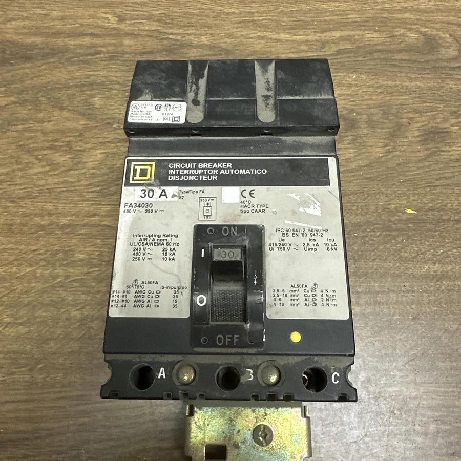 Used Square D,FA34030,480VAC 30AMP Circuit Breaker