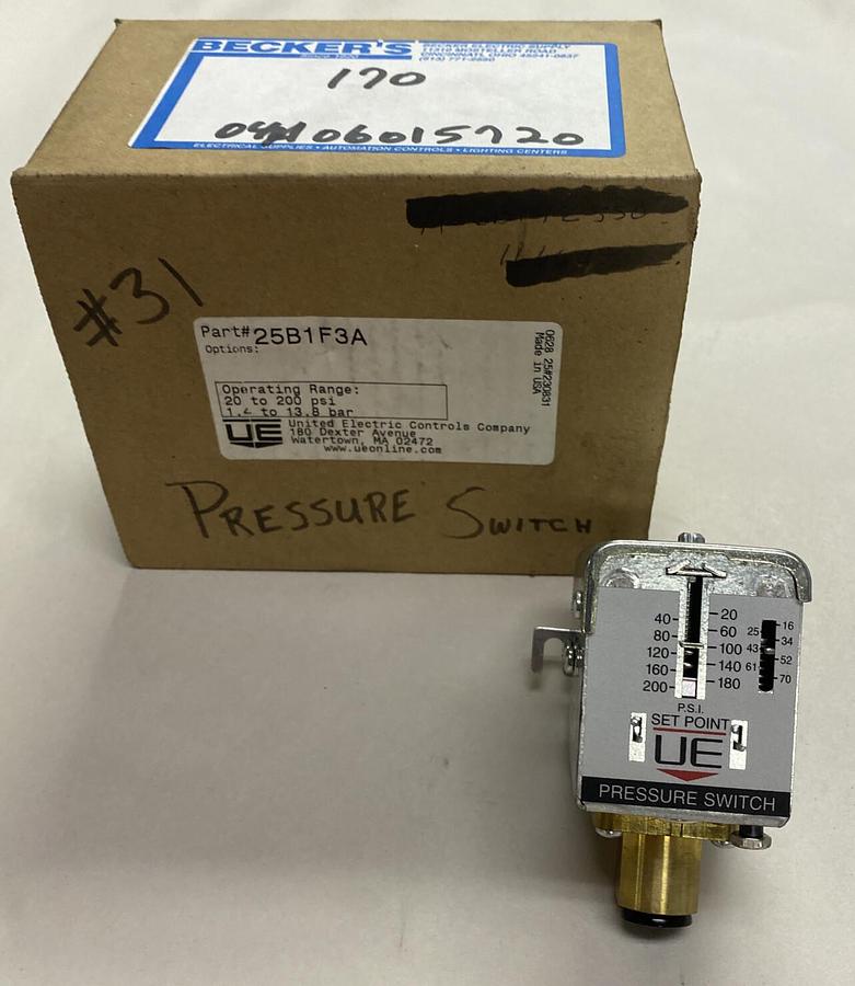 UNITED ELECTRONIC CONTROLS,25B1F3A, PRESSURE SWITCH 20-200PSI NEW