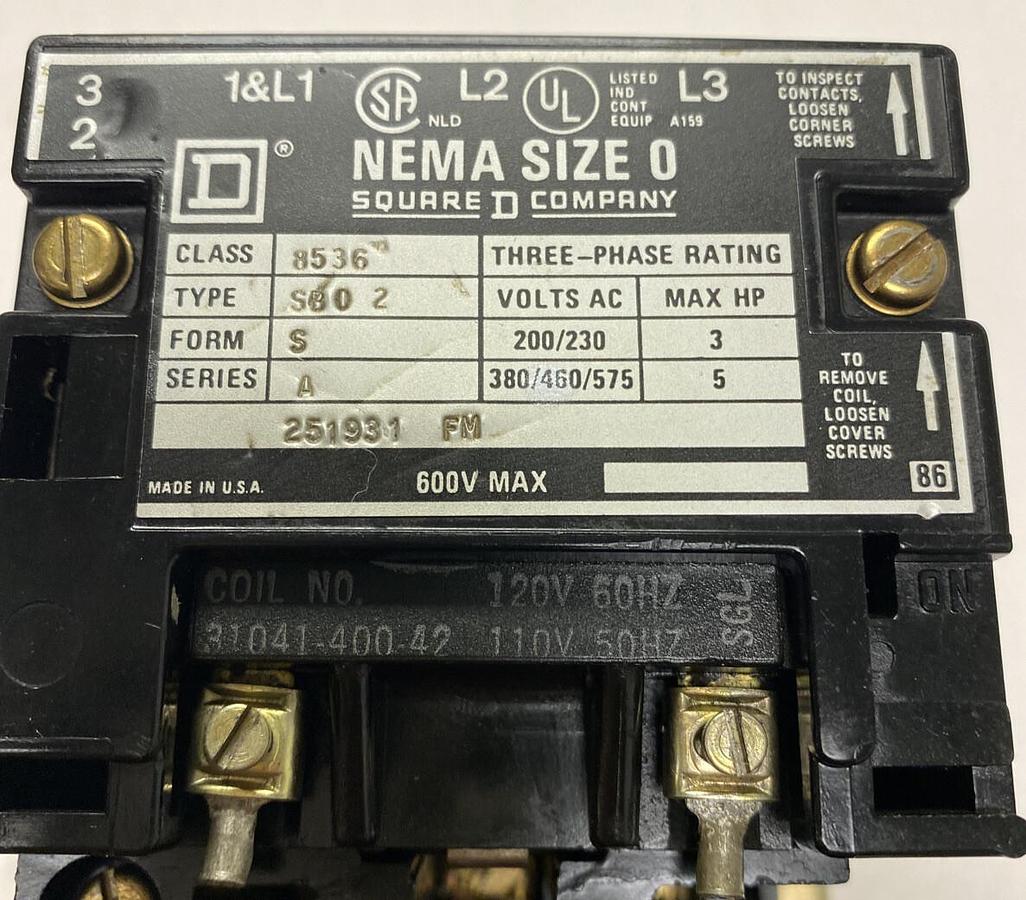 Used Square D,8536SB02,Motor Starter 3-Pole 120V Coil 5Hp Size 0 Ser A