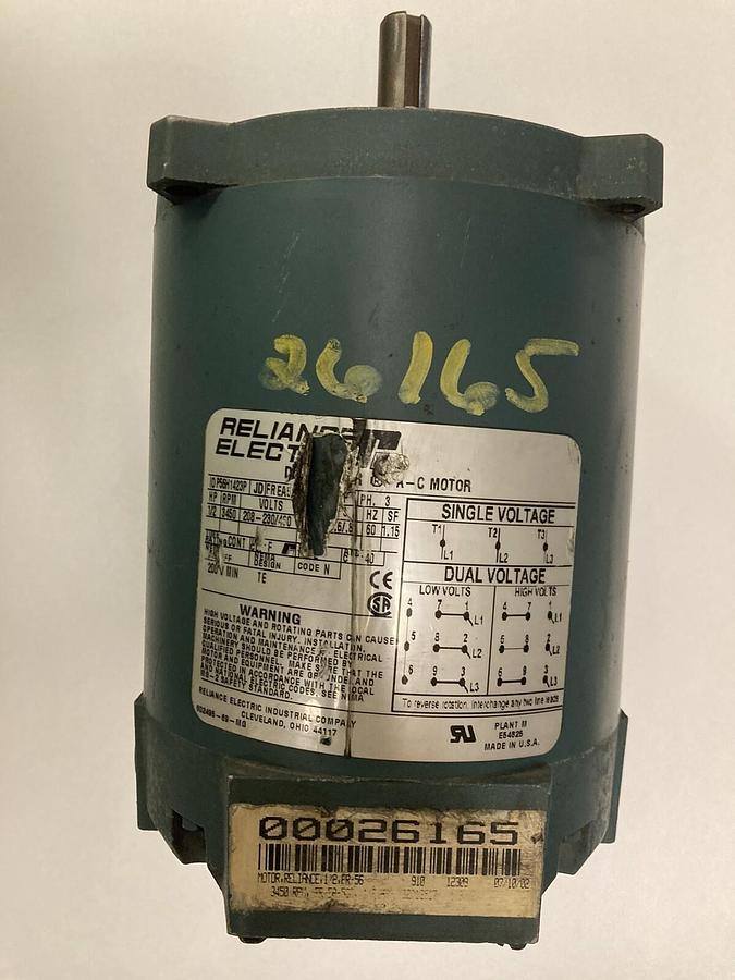 Used Reliance,P56H1423,1/2 Hp AC Motor 3450 RPM  208-230/460 Volts