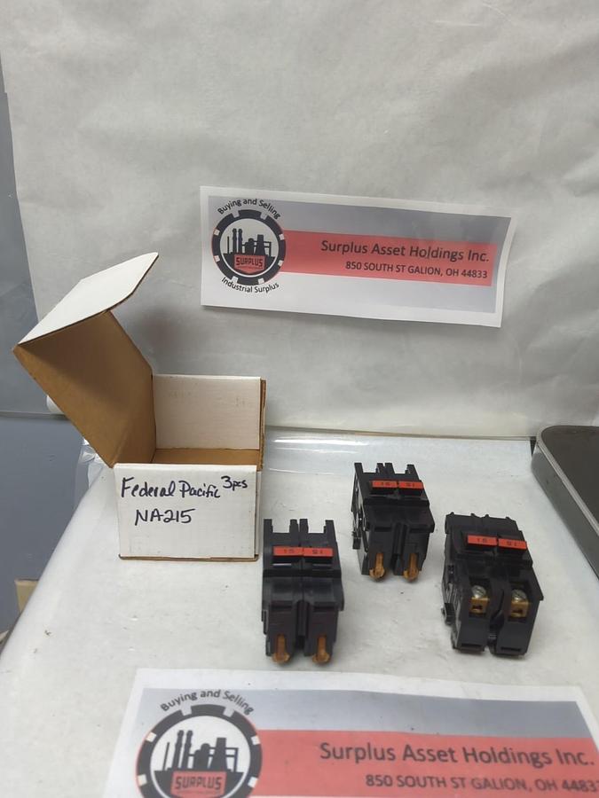 Used FEDERAL PACIFIC,NA215,STAB-LOK CIRCUIT BREAKER 15 AMP 2-POLE LOT OF 3 PRE-OWNED