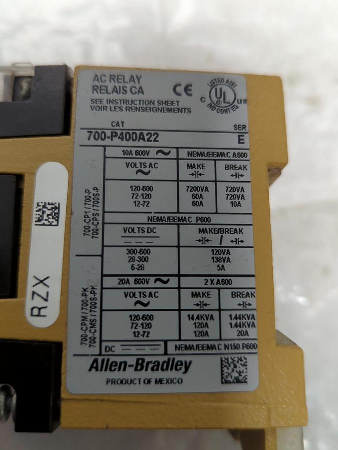 Used ALLEN BRADLEY,700-P400A22,SERIES E AC RELAY PRE-OWNED