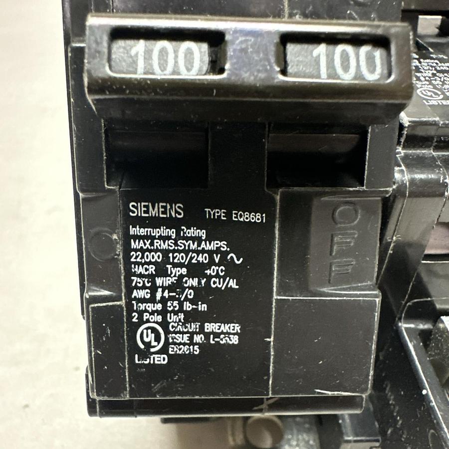 Used Siemens,EQ8681,100Amp 2 Pole Bolt On Circuit Breaker LOT of 2