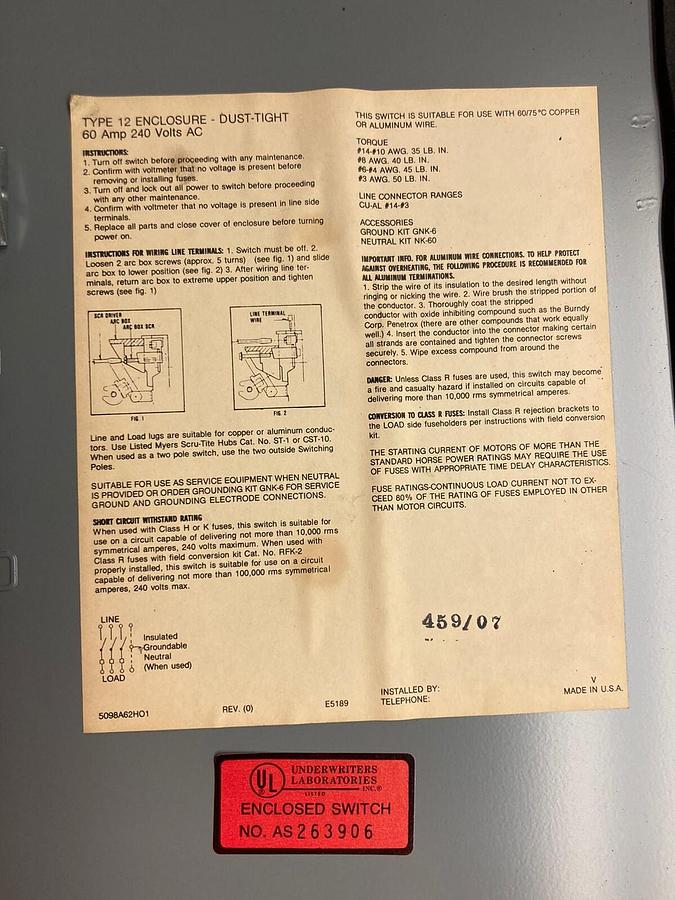 Used Westinghouse,JHFN322,Heavy Duty Disconnect Switch 100A 240AC