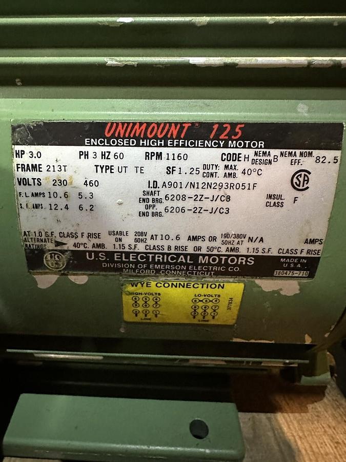 US Motors,A901,UNIMOUNT 125 MOTOR 3 HP 1160 RPM 230460V 213T