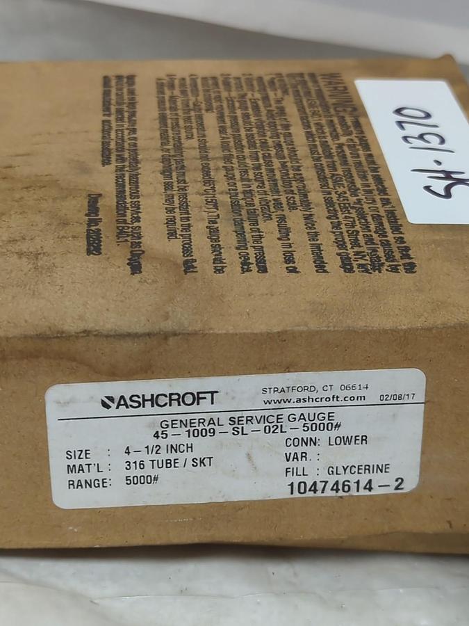 ASHCROFT,45-1009-SL-02L-5000#,GAUGE 4-1/2 IN FACE 0-5000PSI NOS