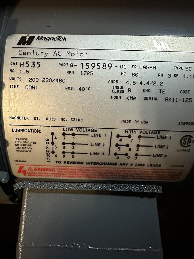 Magnetek,H535,MOTOR 1.5 HP 1725 RPM 200-230/460 LA56H