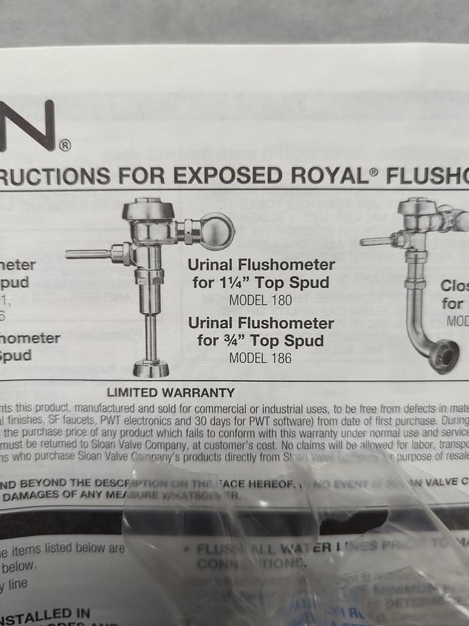 SLOAN,186,ROYAL FLUSHMASTER URINAL FLUSH VALVE ASSEMBLY 3/4 INCH NOS