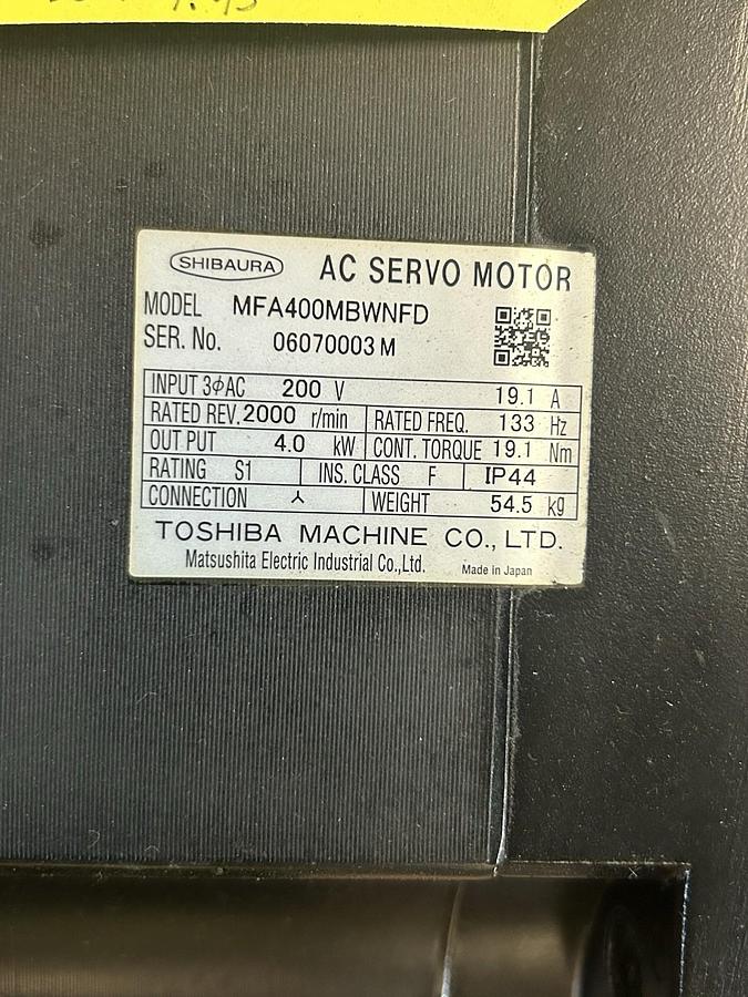 Used TOSHIBA,MFA400MBWNFD,AC SERVO MOTOR 200V 2000RPM 4KW