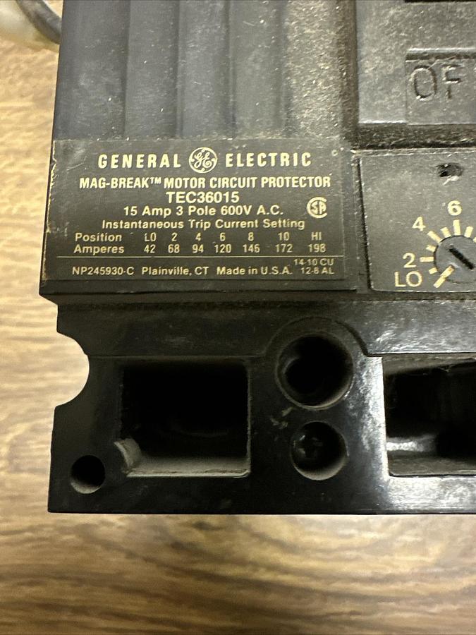 Used General Electric,TEC36015,15 Amp 3 Pole 600VAC Circuit Breaker