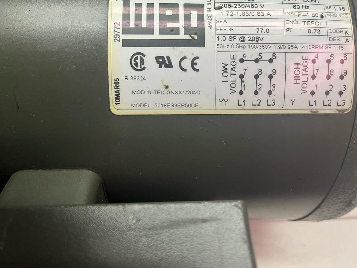 Used WEG,5018ES3B56CFL,MOTOR 1/2HP 1735RPM 3PH