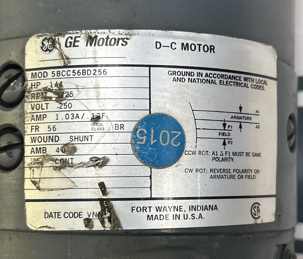 Used GENERAL ELECTRIC,5BCC56BD256,DC MOTOR 1/4HP 1725RPM 250V 56 FRAME