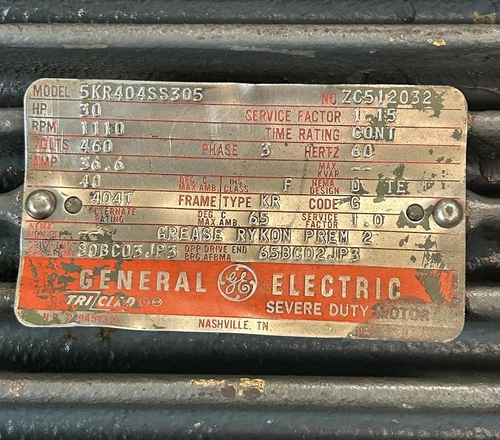 Used GE,5KR404SS305,SEVERE DUTY MOTOR 30HP 1100RPM 460V 3PH 404T FRAME