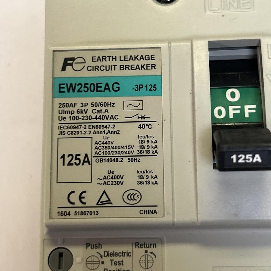 Used FUJI ELECTRIC,EW250EAG,EARTH LEAKAGE CIRCUIT BREAKER 125A 100-230-440V 3P
