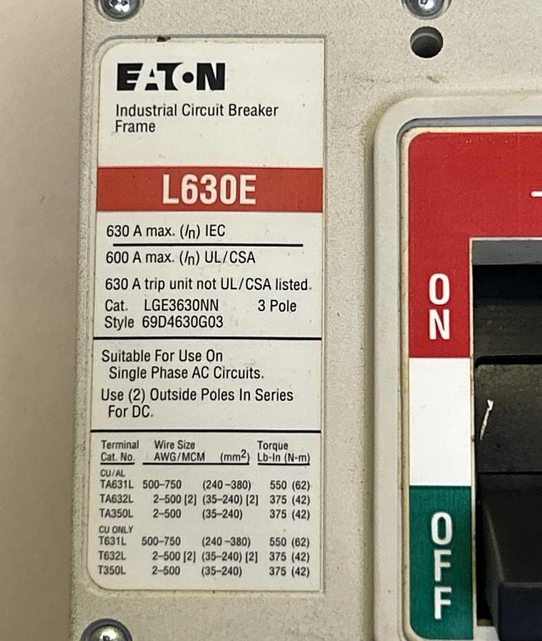 Used EATON,LGE3630NN,CIRCUIT BREAKER 600A 600V 3P