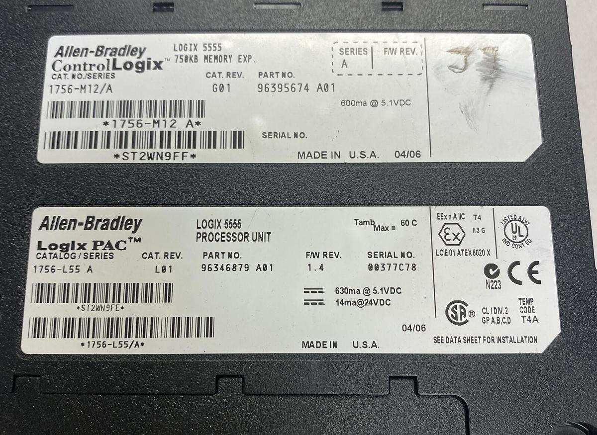Used ALLEN BRADLEY,1756-L55,SER A PROCESSOR MODULE W/ 1756-M12/A MEMORY