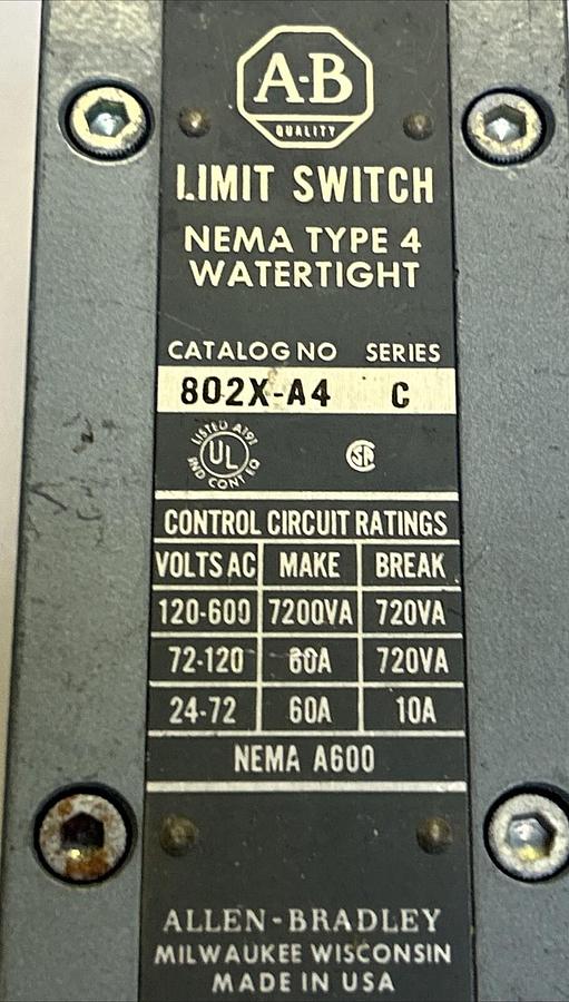 Used ALLEN BRADLEY,802X-A4,LIMIT SWITCH