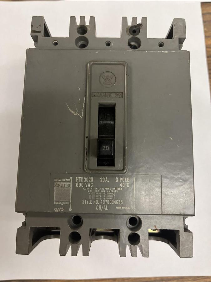 Used WESTINGHOUSE,HFB-3020,CIRCUIT BREAKER 20A 3 POLE 600V