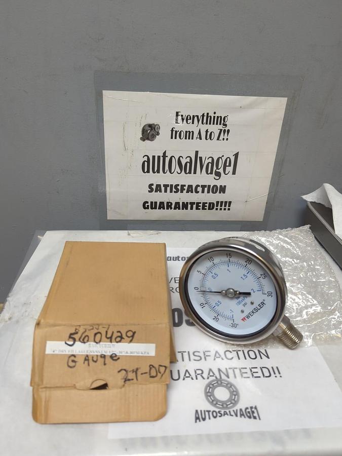 WEKSLER,BACYCB2LW,4 INCH PRESSURE GAUGE 1/2 IN NPT 30 IN-30PSI/KPA NOS