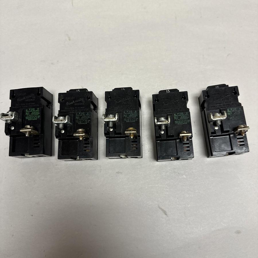 Used Pushmatic,P115,15 AMP Single Pole 120VAC Circuit Breaker LOT of 5