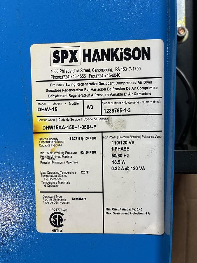 Used SPX HANKISON,DHW-15,COMPRESSED AIR DRYER 15 SCFM 110/120V 1PH