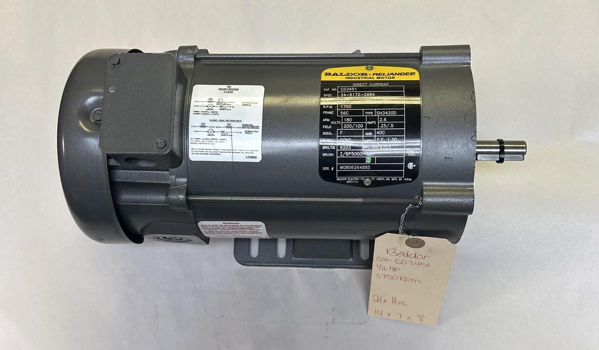 BALDOR,CD3451,DC MOTOR 1/2HP 1750RPM 180VDC 56C FRAME